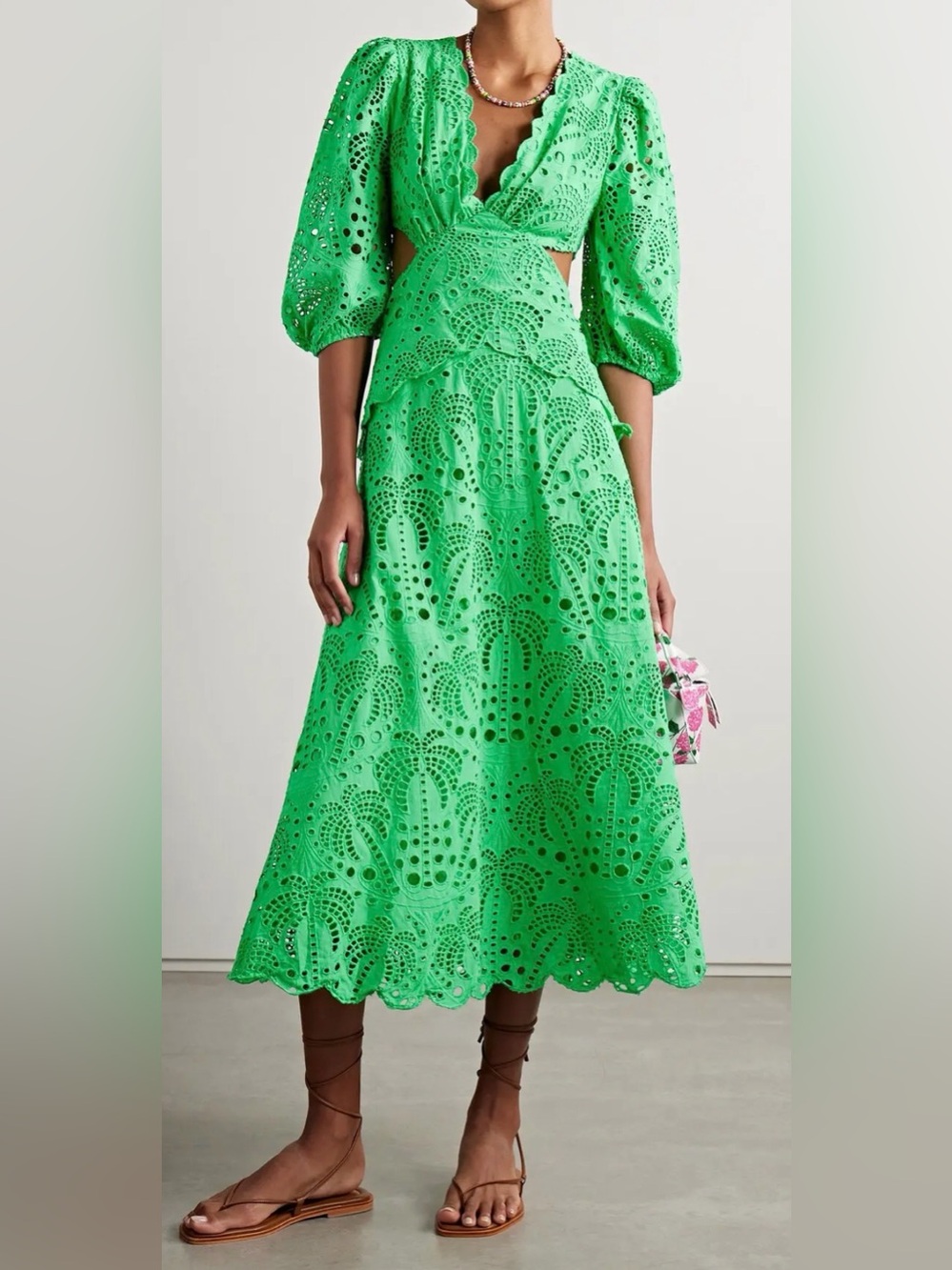 FARM Rio Green Richelieu Cutwork Midi Dress S